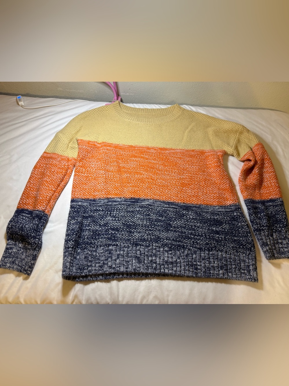 Colorblock Crewneck Sweater in Yellow, Orange & Navy - Women's